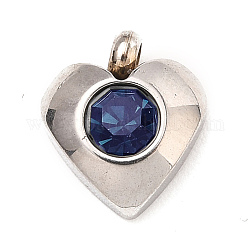 304 Stainless Steel Charms, with Acrylic Rhinestone, Faceted, Birthstone Charms, Heart, Stainless Steel Color, Blue Shade, 8.2x7.2x3.2mm, Hole: 1mm