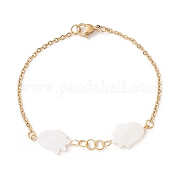 Bracelet à maillons main hamsa en coquillage synthétique, placage ionique (ip) 304 bijoux en acier inoxydable pour femmes, or, 7-7/8 pouce (20 cm)