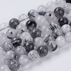 Naturale nero rutilato perle di quarzo fili, tondo, nero, misura:circa8mm di diametro, Foro: 1 mm, circa 45pcs/filo, 15 pollice