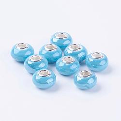 Ручной фарфора керамическая прокладка европейские шарики подходят шарм браслеты, с двойными сердечниками серебрянного цвета из латуни, рондель, голубой, 15x11 мм, отверстие : 5 мм