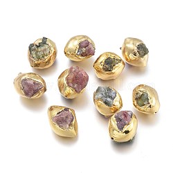 Perline turmaliniche naturali, con bordo in ottone dorato, pietra grezza grezza, pepite, 20~21.5x15~16x15.5~22mm, Foro: 1.2 mm