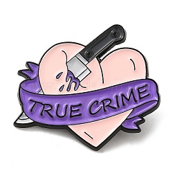 Cuchillo con alfileres de esmalte de crimen verdadero con corazón y palabra, Broches de aleación negra para ropa mochila mujer, rosa brumosa, 27x30x1.3mm