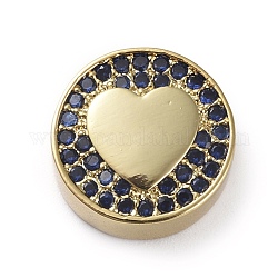 Messing Mikro ebnen Zirkonia Perlen, flach rund mit Herz, Blau, golden, 12x5 mm, Bohrung: 2 mm