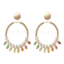 Perles de nacre rondes et perles de verre grandes boucles d'oreilles pendantes, boucle d'oreille en laiton pour fille femme, or, colorées, 64.5mm, pin: 0.7 mm