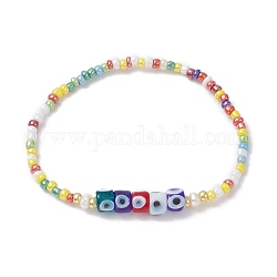 Bracelet extensible en perles naturelles et mauvais œil au chalumeau et perles de graines pour femme, colorées, diamètre intérieur: 2-3/8 pouce (6 cm)