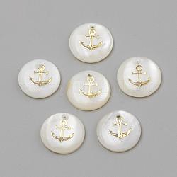 Freshwater Shell Pendants, Flat Round & Anchor, Golden, 16x3.5~4mm, Hole: 1.2mm
