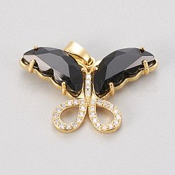 Brass Glass Pendants, with Clear Micro Pave Cubic Zirconia, Butterfly, Golden, Jet, 19.5~20x29.5~30x4.5mm, Hole: 5x3.5mm