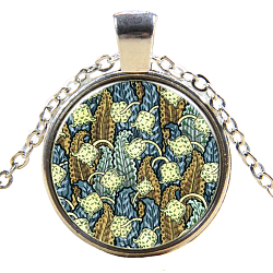Bild Glas Anhänger Halsketten, mit Leichtmetallketten, flach rund mit Muster, silberfarben plattiert, 18 Zoll (45 cm)