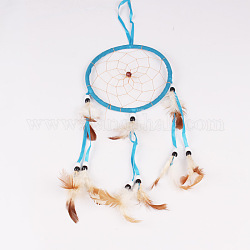 Home Pendant Decoration, Wind Bells, Feathers Handmade Woven Net/Web with Feather, Dodger Blue, 47.5x13cm