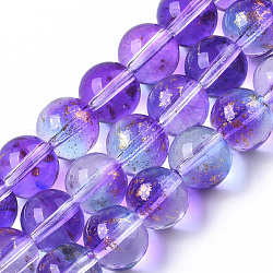 Chapelets de perles en verre peinte par pulvérisation transparent, avec une feuille d'or, ronde, bleu violet, 10~11mm, Trou: 1.4~1.6mm, Environ 39~42 pcs/chapelet, 14.84 pouce ~ 15.27 pouces (37.7~38.8 cm)