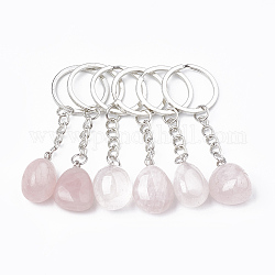Natural Rose Quartz Keychain, with Iron Findings, Nugget, Platinum, 85~100mm, Pendant: 25~40x14~25x11~18mm, Ring: 27~28x2mm