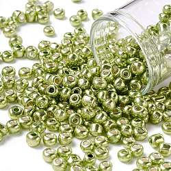6/0 perles de rocaille en verre, style de couleurs métalliques, ronde, kaki foncé, 6/0, 4mm, Trou: 1.5mm, environ 1000 pcs/100 g
