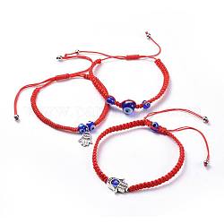 Ensembles réglables de bracelets de perles tressés de fil de nylon, avec chalumeau à la main des perles de mauvais œil, cadres en alliage de style tibétain et 304 breloques en acier inoxydable, hamsa main / main de fatima / main de miriam, rouge, 1-5/8 pouce ~ 3-1/2 pouces (4.3~8.8 cm), 3~4mm, 3 pièces / kit