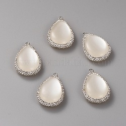 White Cat Eye Pendants, with Rhinestone and Brass Findings, Teardrop, Crystal, Creamy White, 32.4x22x10mm, Hole: 1.8mm