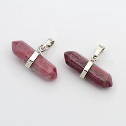 Natural Rhodochrosite Double Terminated Pointed Pendants, with Platinum Plated Brass Findings, Bullet, 15.5x30~35x8~9mm, Hole: 5x7.5mm