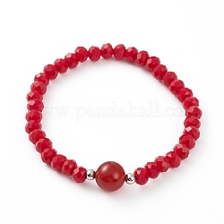 Perles de verre à facettes bracelets extensibles, avec des perles d'agate/cornaline rouges naturelles (teintes et chauffées) et 304 perles en acier inoxydable, ronde, diamètre intérieur: 2-1/8 pouce (5.5 cm)