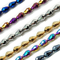 Electroplate Glass Beads Strands, Faceted, teardrop, Mixed Color, 7x5mm, Hole: 1mm, about 65~67pcs/strand, 18~18.5 inch(45.5~46.9cm)