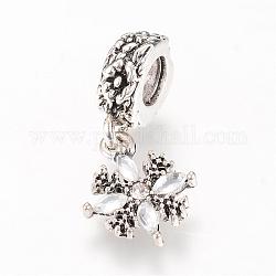 Alloy European Dangle Charms, with Rhinestones, Snowflake, Large Hole Pendants, Antique Silver, 27.5mm, Hole: 5mm