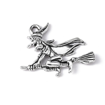 Tibetan Style Witch Alloy Pendants, Halloween, Cadmium Free & Nickel Free & Lead Free, Antique Silver, 29.5x37x3.5mm, Hole: 3mm