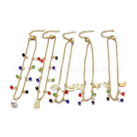 Colorful Glass Beads & 304 Stainless Steel Charm Anklet with Cable Chains for Women AJEW-C021-14G-1