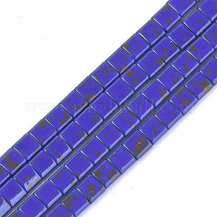 スプレー塗装された非磁性合成ヘマタイトマルチ連リンク  タイル弾性ブレスレット作り用  正方形  ブルー  5x5x2mm  穴：0.6mm  約80個/連  15.7インチ G-T124-01E-1