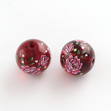 Flower Picture Transparent Glass Round Beads GFB-R004-14mm-R11-1