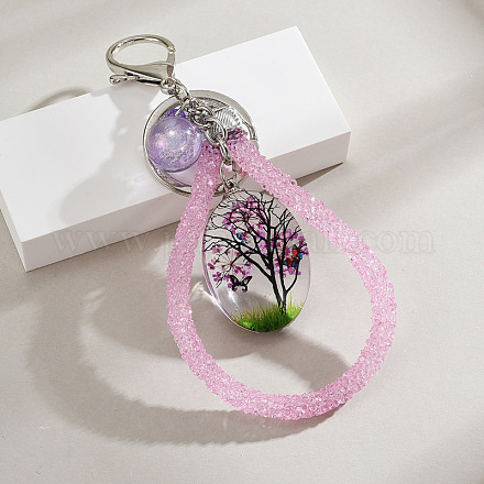 Porte-clés arbre de vie en fleurs séchées et en verre de forme ovale PW-WG45493-02-1