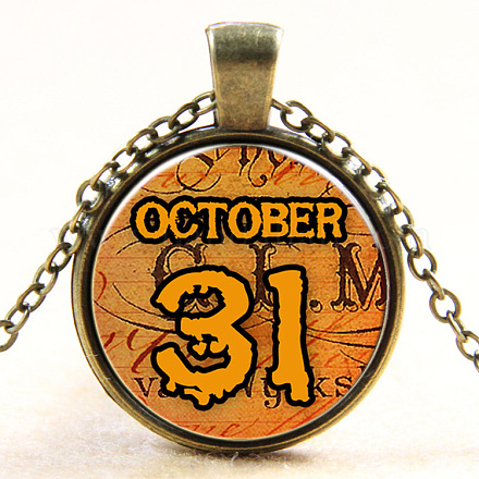 Flat Round with Halloween Time Glass Alloy Pendant Necklaces NJEW-N0051-053H-01-1