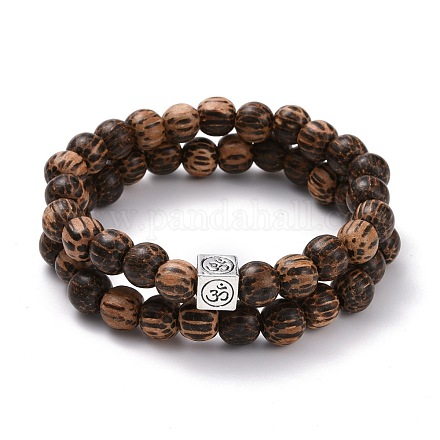 Waxed Natural Bodhi Wood Round Beads Stretch Bracelets Sets BJEW-JB07099-1