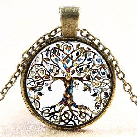 Tree Of Life Pattern Flat Round Glass Pendant Necklaces NJEW-N0051-048O-01-1