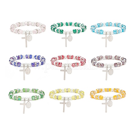 9Pcs 9 Color Glass & Imitation Pearl Beaded Stretch Bracelets Set BJEW-JB08945-1
