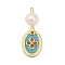 Natural Cultured Freshwater Pearl & Brass Pendants, with Enamel, Oval Charms, Rack Plating, Cadmium Free & Lead Free, Long-Lasting Plated, Light Sea Green, 22.5x9x5.5mm, Hole: 1.8mm