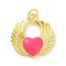 Rack Plating Brass Enamel Pendants, with Jump Ring, Long-Lasting Plated, Real 18K Gold Plated, Cadmium Free & Lead Free, Wing with Heart Charm, Hot Pink, 20.5x19x3.5mm, Jump Ring: 5x0.8mm, Inner Diameter: 3.5mm
