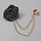 Polyester Rose Flower Hanging Chain Brooch with Crystal Rhinestone, Golden Alloy Lapel Pin for Suit Shirt Collar, Black, 158mm