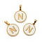 PVD Vacuum Plating 304 Stainless Steel with White Shell Pendants, Golden, Flat Round with Letter Charm, Letter.N, 18x16x1.5mm, Hole: 3x6mm
