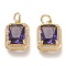 Brass Glass Charms, with Micro Pave Clear Cubic Zirconia and Jump Ring, Rectangle, Real 18K Gold Plated, Indigo, 14.5x10.5x5mm, Hole: 3.4mm