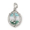 Brass Pendants, with Enamel, Oval with Flower Charm, Platinum, Medium Turquoise, 31x21.5x7mm, Hole: 5x3.5mm