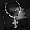 Hip-hop Style Zinc Alloy Crystal Rhinestone Pendant Cuban Link Chain Necklaces, Silver Color Plated, Cross, 23.62 inch(60cm), Pendant: 88x47mm