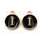 Golden Plated Alloy Charms, Cadmium Free & Lead Free, with Enamel, Enamelled Sequins, Flat Round with Letter, Black, Letter.I, 14x12x2mm, Hole: 1.5mm