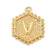 Brass Pendants, Hexagon Letter Charms, Letter V, 20x16x2.5mm, Hole: 1.5mm