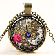 Butterfly Pattern Flat Round Glass Pendant Necklaces NJEW-N0051-030B-01-1