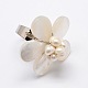 Brass White Pearl Shell Flower Platinum Finger Rings RJEW-E022-R07-03-1