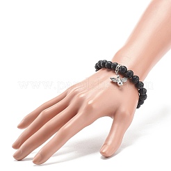 Bracelet extensible perlé rond en pierre de lave naturelle avec breloque fée en alliage&nbsp;BJEW-JB08884