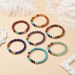 7 pièces 7 bracelets extensibles de pierres précieuses mélangées naturelles et synthétiques de style avec tête de bouddha en alliage perlé&nbsp;BJEW-JB08783