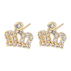 Серьги-гвоздики из латуни с микропаве и прозрачными кубическими циркониями в форме короны&nbsp;EJEW-H178-13G