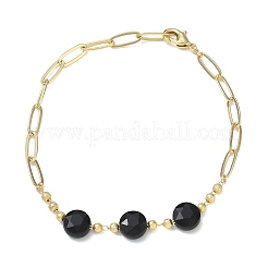 Bracelets en laiton avec perles rondes plates à facettes en onyx noir naturel (teint et chauffé) et chaîne trombone.&nbsp;GG-CBA37F5-02G-12