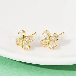 Orecchini a bottone con micro pavè di fiori in ottone e zirconi trasparenti&nbsp;EJEW-U064-03G