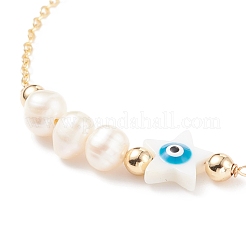 Bracciale a maglie con perla naturale e conchiglia con malocchio e catene in ottone da donna&nbsp;BJEW-JB08329-01
