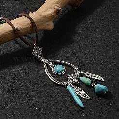 Длинные ожерелья в стиле бохо с подвеской в виде сердца из сплава перьев и синтетической бирюзы для женщин&nbsp;NJEW-G158-01A