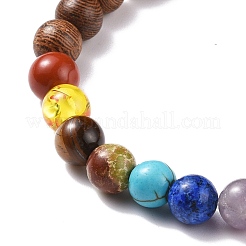 Bracelet extensible en perles rondes en bois naturel et pierres précieuses avec breloque arbre en alliage&nbsp;BJEW-JB08100